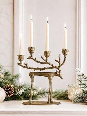 Gold Reindeer 4 Taper Candle Holder Christmas Candelabra Merry Moments